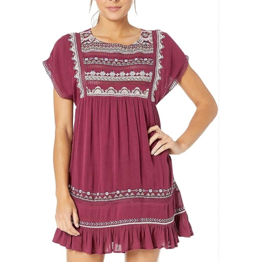 Free People Sleepless Summer Mini Dress XS Berry Burgundy Embroidered Boho NWT
